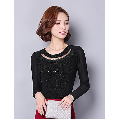 Spring Fall Women's Going out Fashion Wild Solid Color Patchwork Round Neck Long Sleeve Shirt