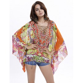 Women's Plus Size Batwing Sleeve Floral Print Chiffon Blouse