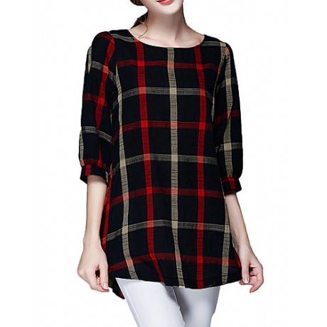 Women Ladies Blouse Plaid Print O Neck 3/4 Sleeve Plus Size Casual Loose Vintage Shirt Tops