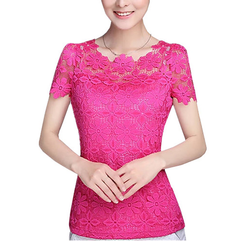 Summer Plus Size Women Solid Color Round Neck Short Sleeve Lace Blouse Slim Was Thin T-shirt Tops