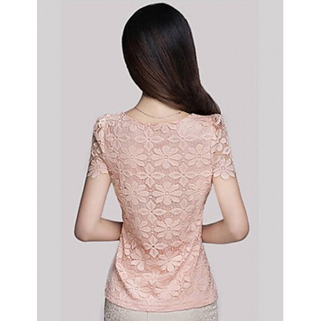 Summer Plus Size Women Solid Color Round Neck Short Sleeve Lace Blouse Slim Was Thin T-shirt Tops