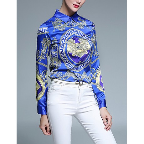 Women's Casual/Daily Vintage All Seasons ShirtPrint Shirt Collar Long Sleeve Blue Polyester Medium