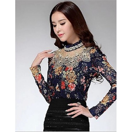 Women's Stand Lace/Mesh T-shirt , Chiffon Long Sleeve