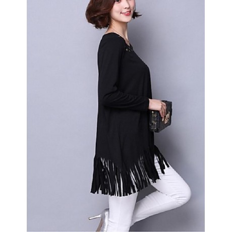 Women's Casual/Daily / Plus Size Street chic Fall T-shirt,Solid Round Neck Long Sleeve Black Cotton Medium