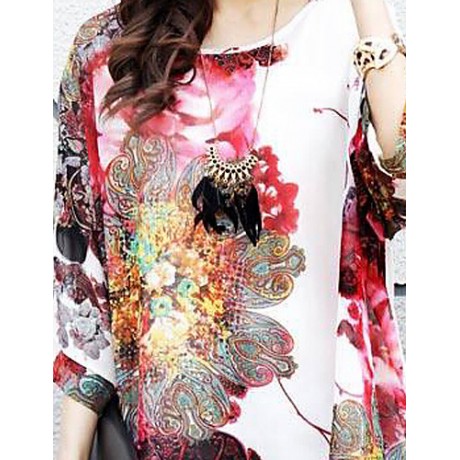 Women's Flower Print Loose Blouse & Vest,Round Neck