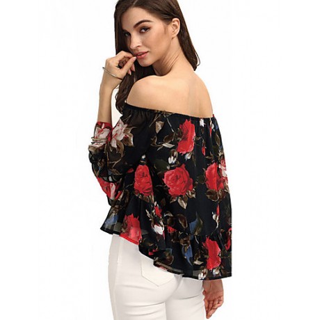 Women's Going out Sexy / Street chic All Seasons Blouse,Floral Boat Neck Long Sleeve Black Polyester Thin