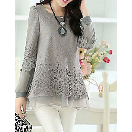 Women's Patchwork Black/Beige/Gray Blouse,Casual Round Neck Long Sleeve Hollow Out