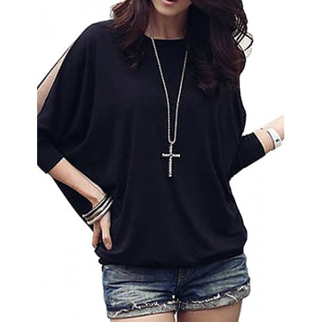 Women's Batwing Round Neck Sheer Mesh Cape Sleeve Loose T-Shirt