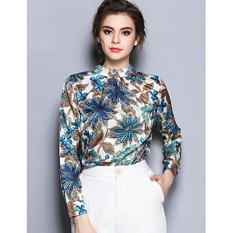 Women's Going out Vintage Spring BlousePrint Stand Long Sleeve Blue Cotton / Polyester Thin