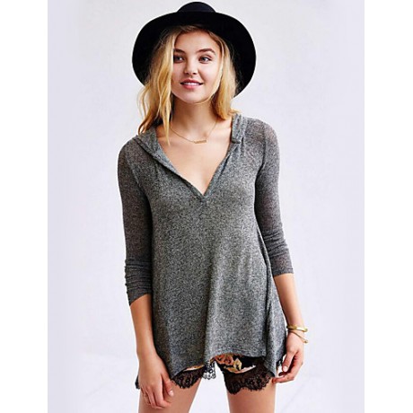 Women's Casual/Daily Street chic Summer T-shirt,Solid Hooded Long Sleeve Beige / Gray Cotton Medium