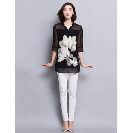 Women's Casual/Daily Plus Size / Street chic Summer Blouse,Floral V Neck ? Sleeve Black Polyester Thin