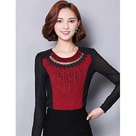 Spring Fall Women's Going out Fashion Wild Solid Color Patchwork Round Neck Long Sleeve Shirt