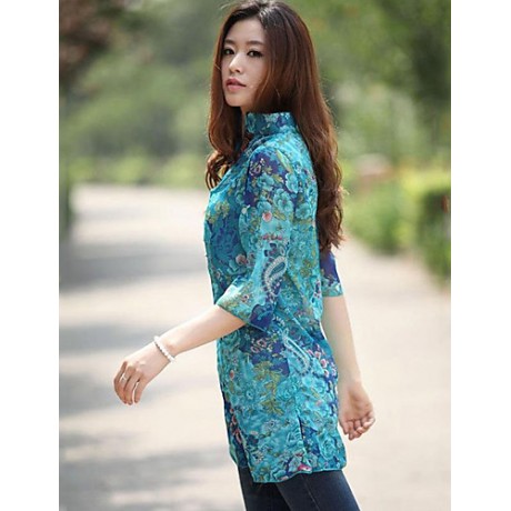 Women's Casual/Daily Boho Summer Blouse,Floral Stand ? Sleeve Blue Polyester Thin