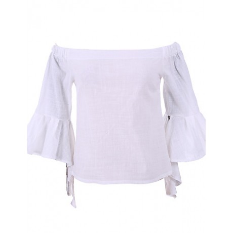 Women's Solid White / Black Blouse,Boat Neck ? Sleeve