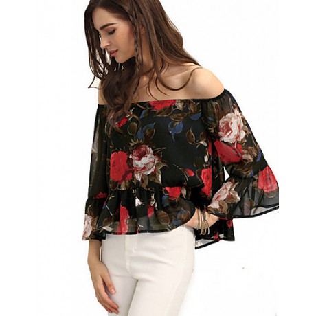 Women's Going out Sexy / Street chic All Seasons Blouse,Floral Boat Neck Long Sleeve Black Polyester Thin