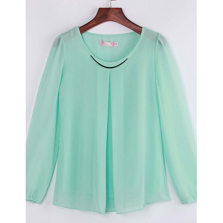 Women's Plus Size White/Black/Green Round Neck Blouse, Chiffon Long Sleeve