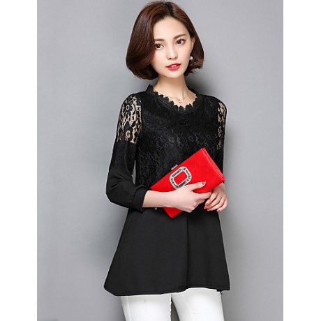 Women's Patchwork Pink / Red / Black Long section Blouse,Casual Lace Cut Out Fashion Round Neck ? Sleeve Polyester/Nylon