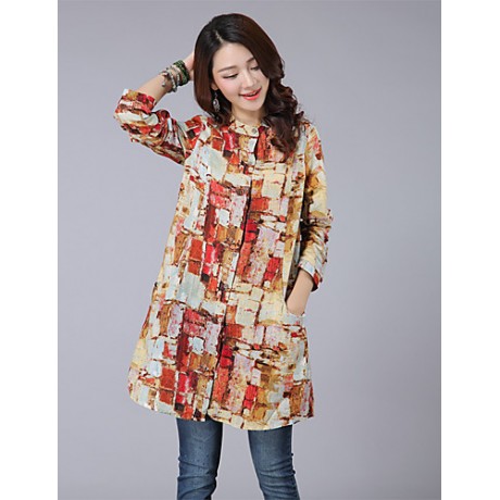 Women's Going out Street chic Fall Shirt,Print Shirt Collar Long Sleeve Blue / Red / Green Polyester Thin