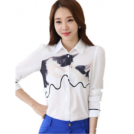 Women's Wild Cartoon Cat Print Plus Size Long Sleeve Chiffon Shirt