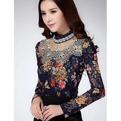 Women's Stand Lace/Mesh T-shirt , Chiffon Long Sleeve