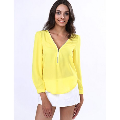 Women‘s V Neck Long Sleeve Zipper Blouse(More Colors)