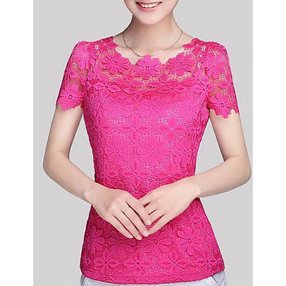 Women's Casual/Daily / Plus Size Fall Blouse,Solid Round Neck Short Sleeve Blue / Pink / White / Beige / Black Polyester Translucent