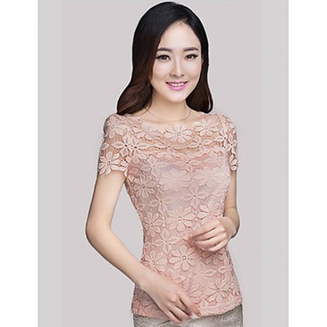 Summer Plus Size Women Solid Color Round Neck Short Sleeve Lace Blouse Slim Was Thin T-shirt Tops