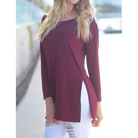 Women's Casual/Daily Sexy All Seasons T-shirt,Patchwork Round Neck Long Sleeve Red / Beige / Black Cotton / Rayon Thin