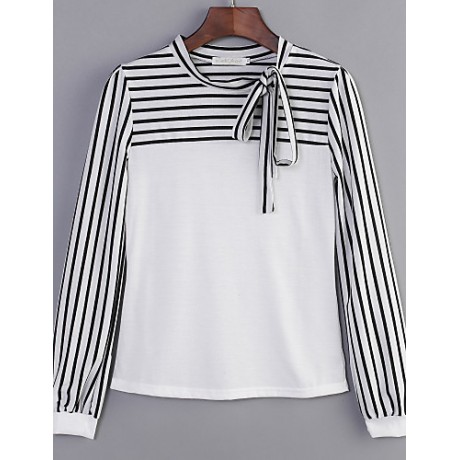 Women's Bow Neck Stripes Print Long Sleeves T-shirt