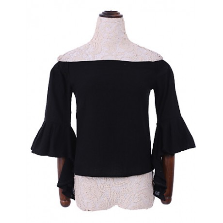 Women's Solid White / Black Blouse,Boat Neck ? Sleeve