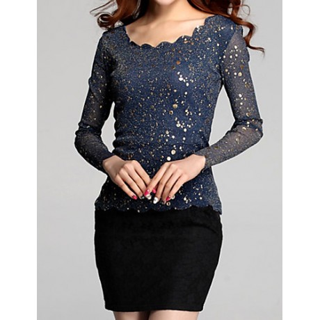 Women's Lace BlueBlack Blouse , Round NeckAsymmetrical Long Sleeve