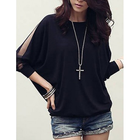 Women's Batwing Round Neck Sheer Mesh Cape Sleeve Loose T-Shirt