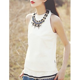 Women's Going out Boho Summer Blouse,Solid Stand Sleeveless White Polyester / Spandex Thin