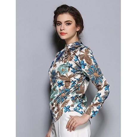 Women's Going out Vintage Spring BlousePrint Stand Long Sleeve Blue Cotton / Polyester Thin