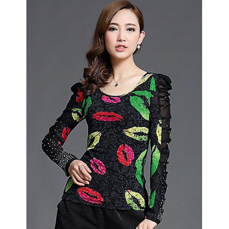 Spring/Fall Casual/Daily/Plus Size Women's Tops Round Neck Long Sleeve Fashion Printing Rhinestone Slim Blouse Shirt