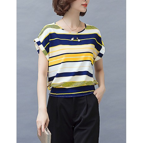 Women's Casual/Daily Boho / Street chic Blouse,Striped Round Neck Short Sleeve Gray Polyester Thin