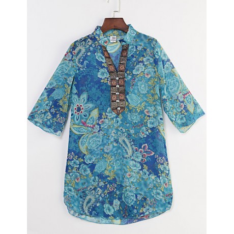 Women's Casual/Daily Boho Summer Blouse,Floral Stand ? Sleeve Blue Polyester Thin