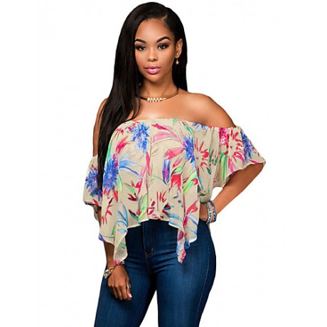 Women's Multicolor Print Off Shoulder Apricot Crop Top