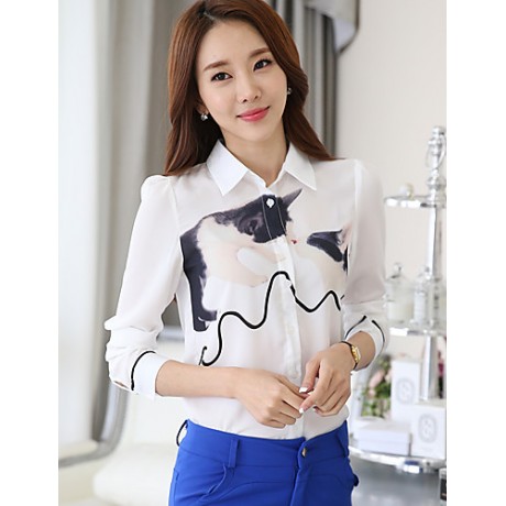 Women's Wild Cartoon Cat Print Plus Size Long Sleeve Chiffon Shirt