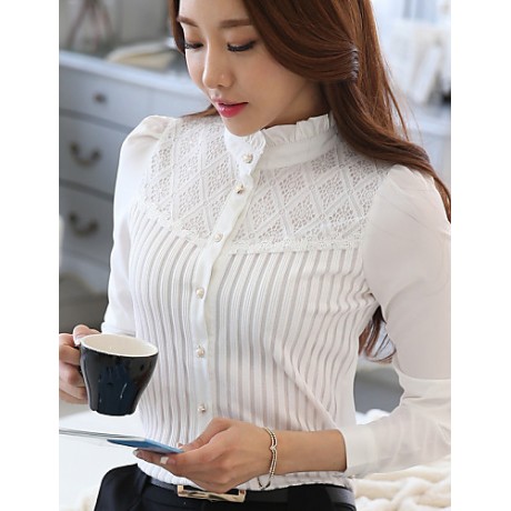 Women's Stand Collar Lace Patchwork Stripe Puff Sleeve Wild Slim Shirt