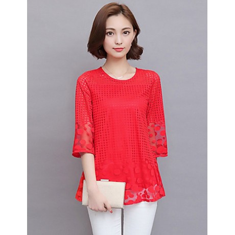 Women's Casual/Daily Simple / Boho Summer Blouse,Solid Round Neck Long Sleeve Pink / Red / White / Black / Gray Rayon / Polyester Sheer