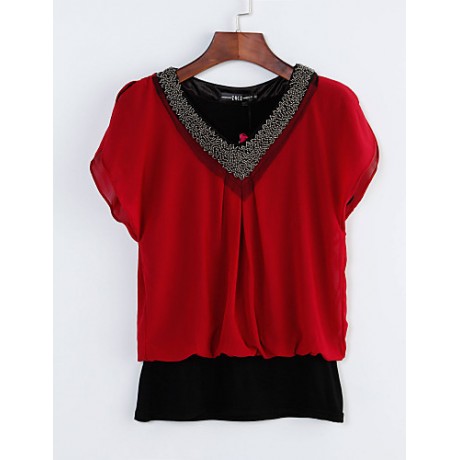 Women's Solid Red/Black/Green Blouse, Plus Size Beaded V Neck Short Petal Sleeve