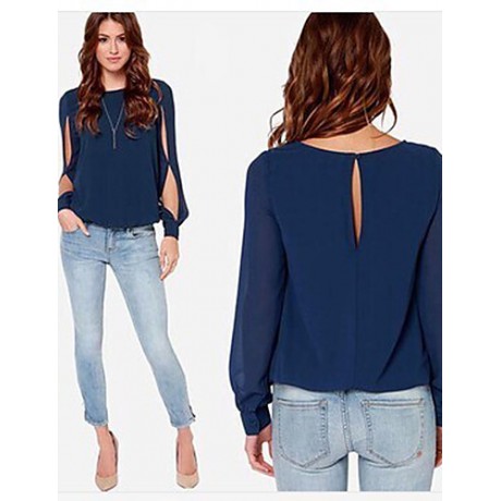 Sexy All Seasons Blouse,Solid Round Neck Long Sleeve Blue / Pink Polyester Thin