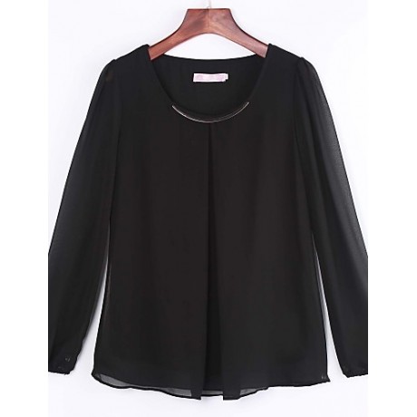 Women's Plus Size White/Black/Green Round Neck Blouse, Chiffon Long Sleeve