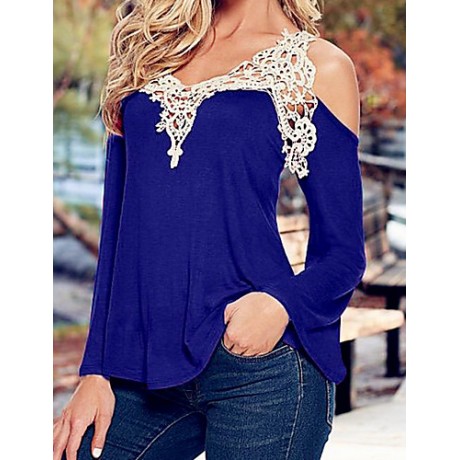 Women's Patchwork Lace Strap Off-The-Shoulder All Match Loose Casual V Neck Long Sleeve Plus Size T-shirt