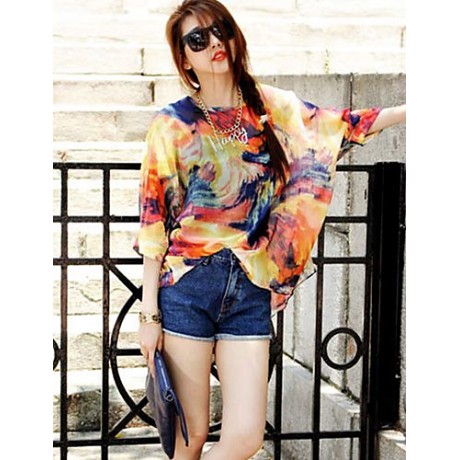 Women's Casual/Daily Boho Summer Blouse,Print Round Neck ? Sleeve Orange Polyester Thin