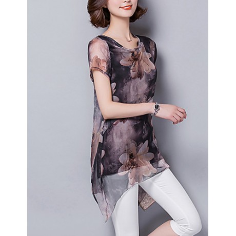 Women's Going out / Casual/Daily Street chic ,Print Round Neck Short Sleeve Brown Polyester Thin