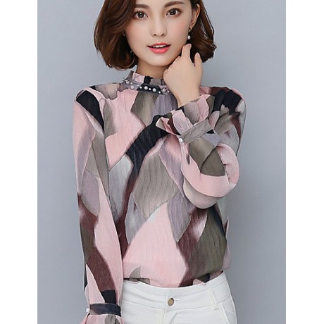 Spring Fall Go out Casual Women's Tops Fashion Wild Pink Printing Stand Collar Long Sleeve Chiffon Blouse