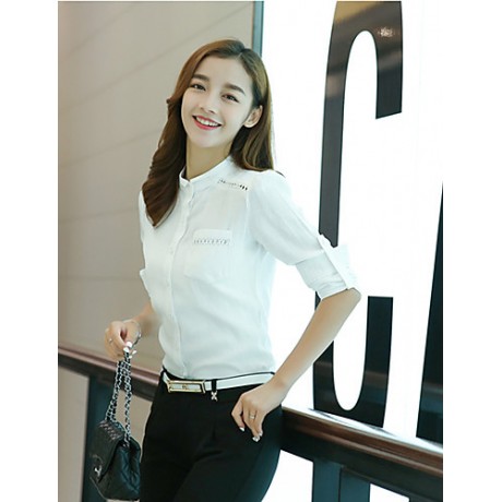 Women's Korean Stand Collar Crochet Cut Out Flax Solid OL Long Sleeve Shirt