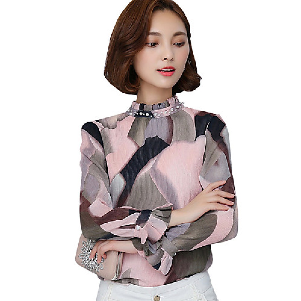 Spring Fall Go out Casual Women's Tops Fashion Wild Pink Printing Stand Collar Long Sleeve Chiffon Blouse